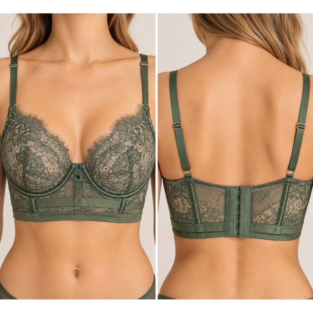 Victorias Secret Very Sexy Unlined Demi Bra 36DD Green Lace Longline Eyelash